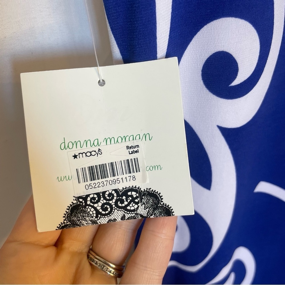 DONNA MORGAN Women’s Blue White Swirl Pencil Dress‎ Ruche Cap Sleeve Size 14 NWT - Picture 11 of 13